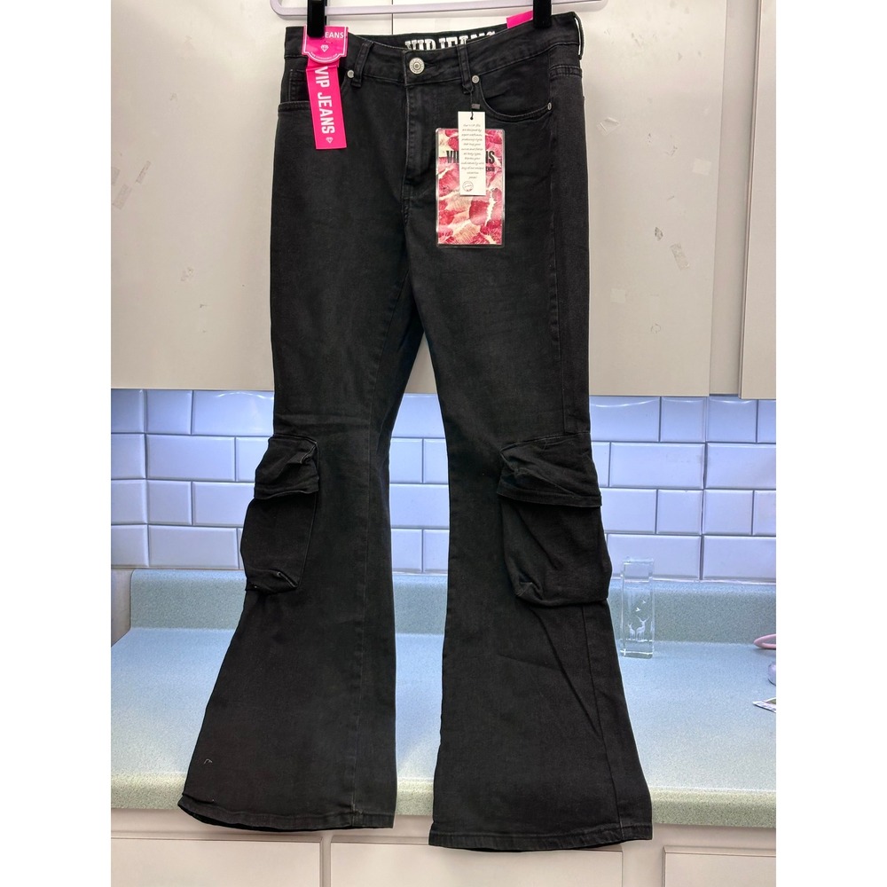 VIP Jeans Womens Black Cargo Flare Jeans Sculpting Stretch Denim Size 9/29